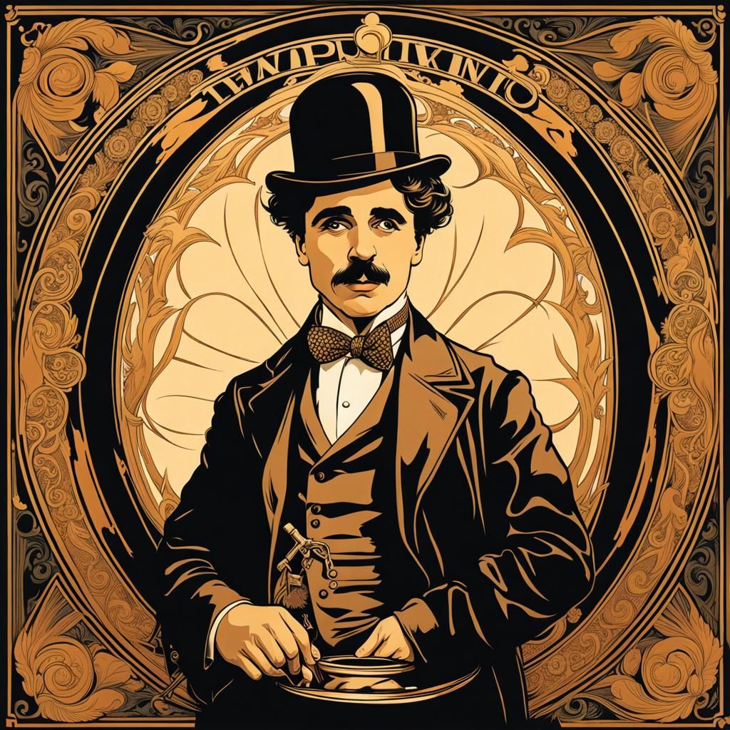 Charlie Chaplin in the style of Alfons Mucha