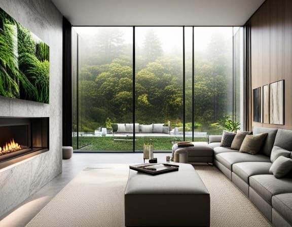 Cozy Forest View Home Interior with Water Feature