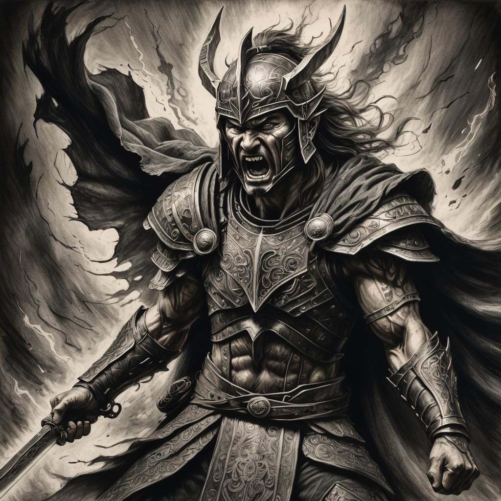 Warrior's War Cry: Hyperdetailed Charcoal Drawing