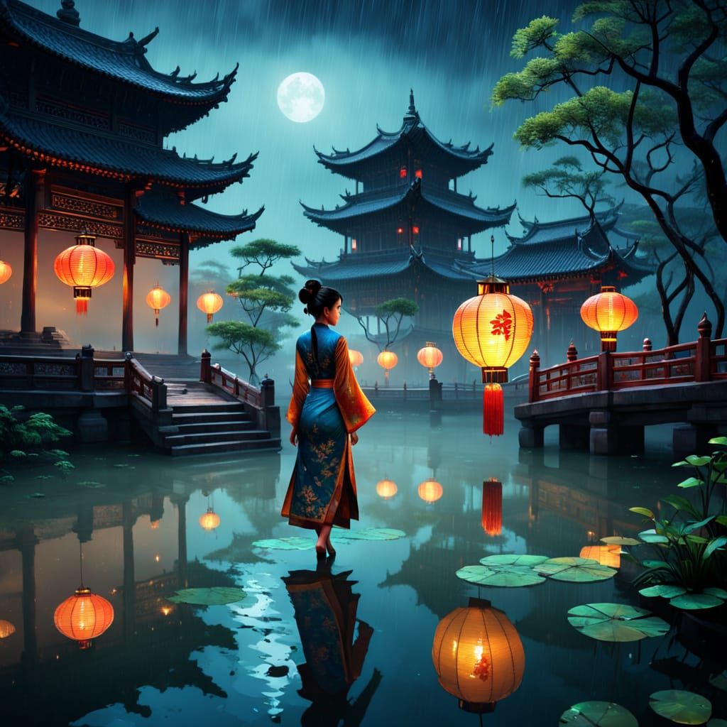 Ethereal Nighttime Scene in a Misty Garden