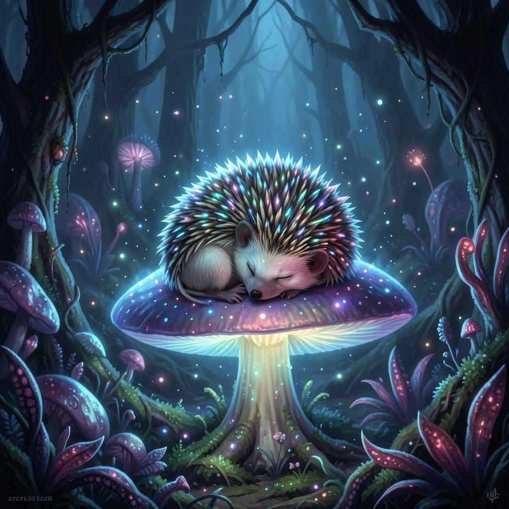 Bioluminescent Hedgehog Asleep on Giant Glowing Mushroom