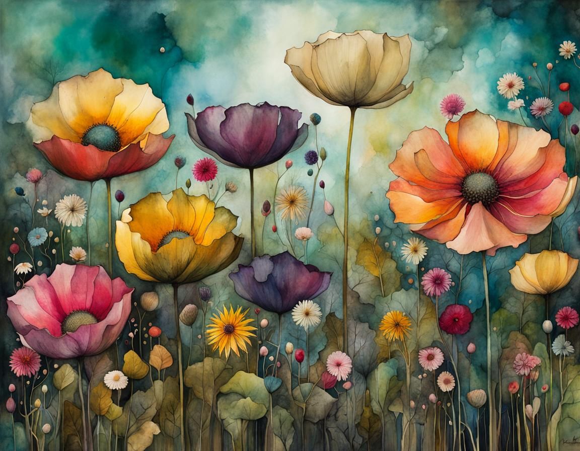 Magical Garden: Giant Flowers in Whimsical Illustration