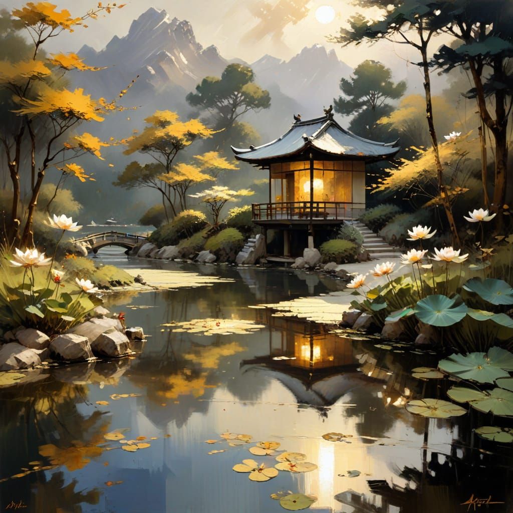 Japanese Teahouse on Lotus Pond in Oil Painting Style