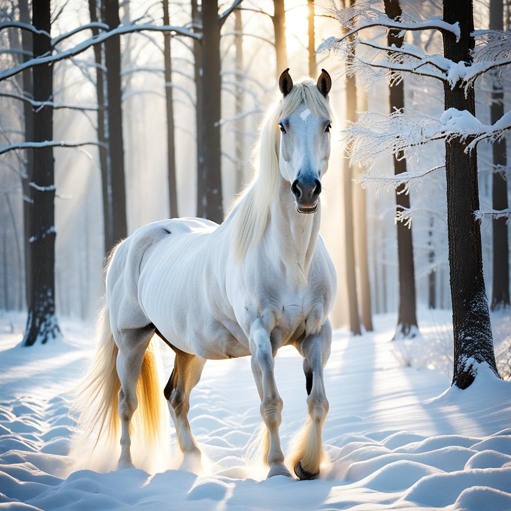 Majestic White Stallion in Winter Forest: Cinematic Photo