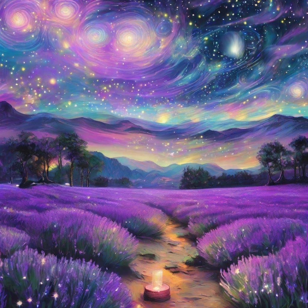 Surreal Lavender Valley with Aurora and Stardust River