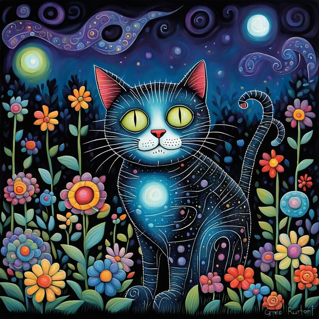Cat in Garden, Folk Art, Gothic Style