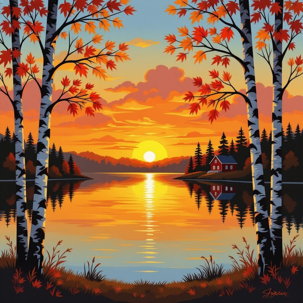 Autumn Sunset Over Calm Lake with Birch Trees