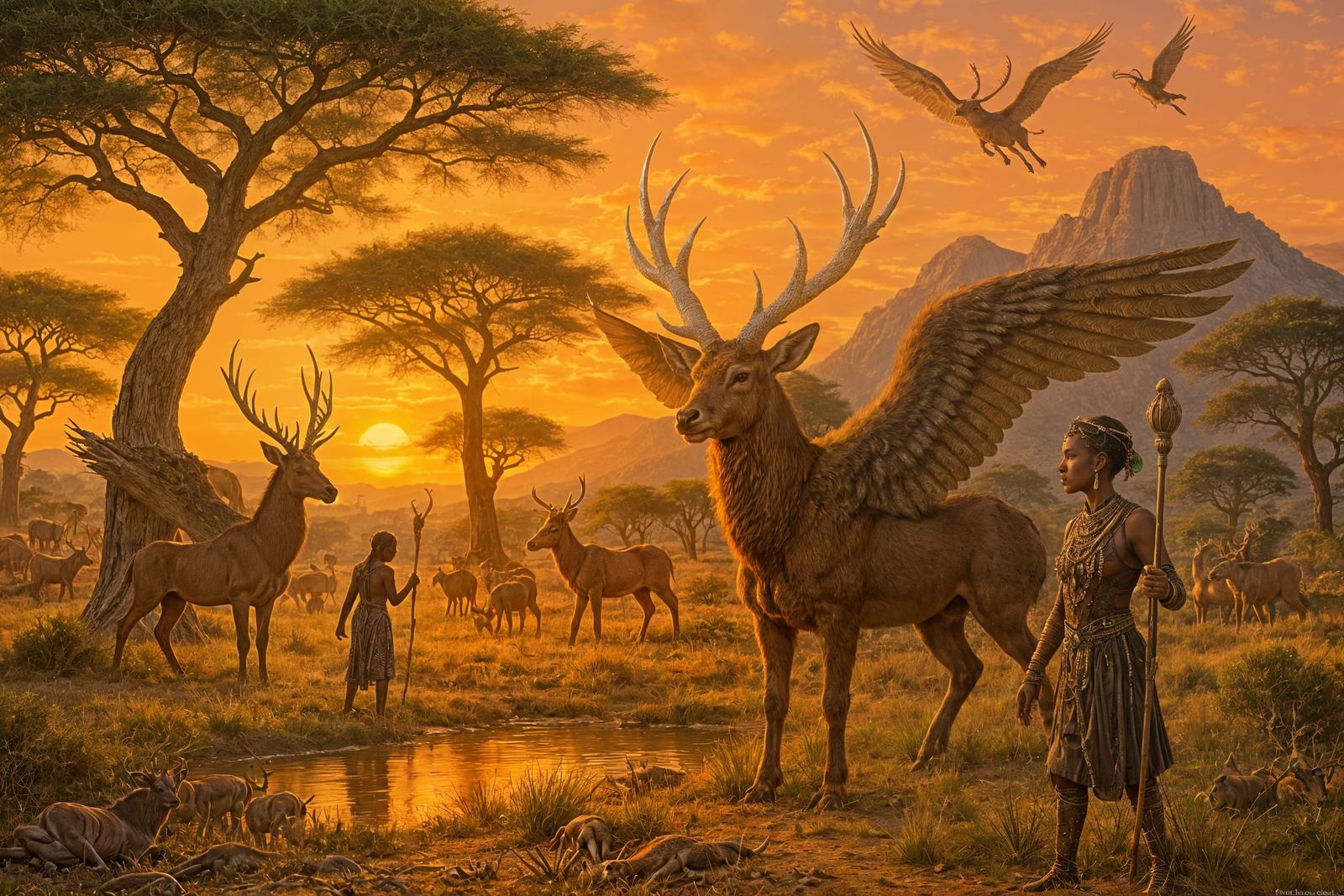 Winged Stags and Pygmy Shamans on African Savannah