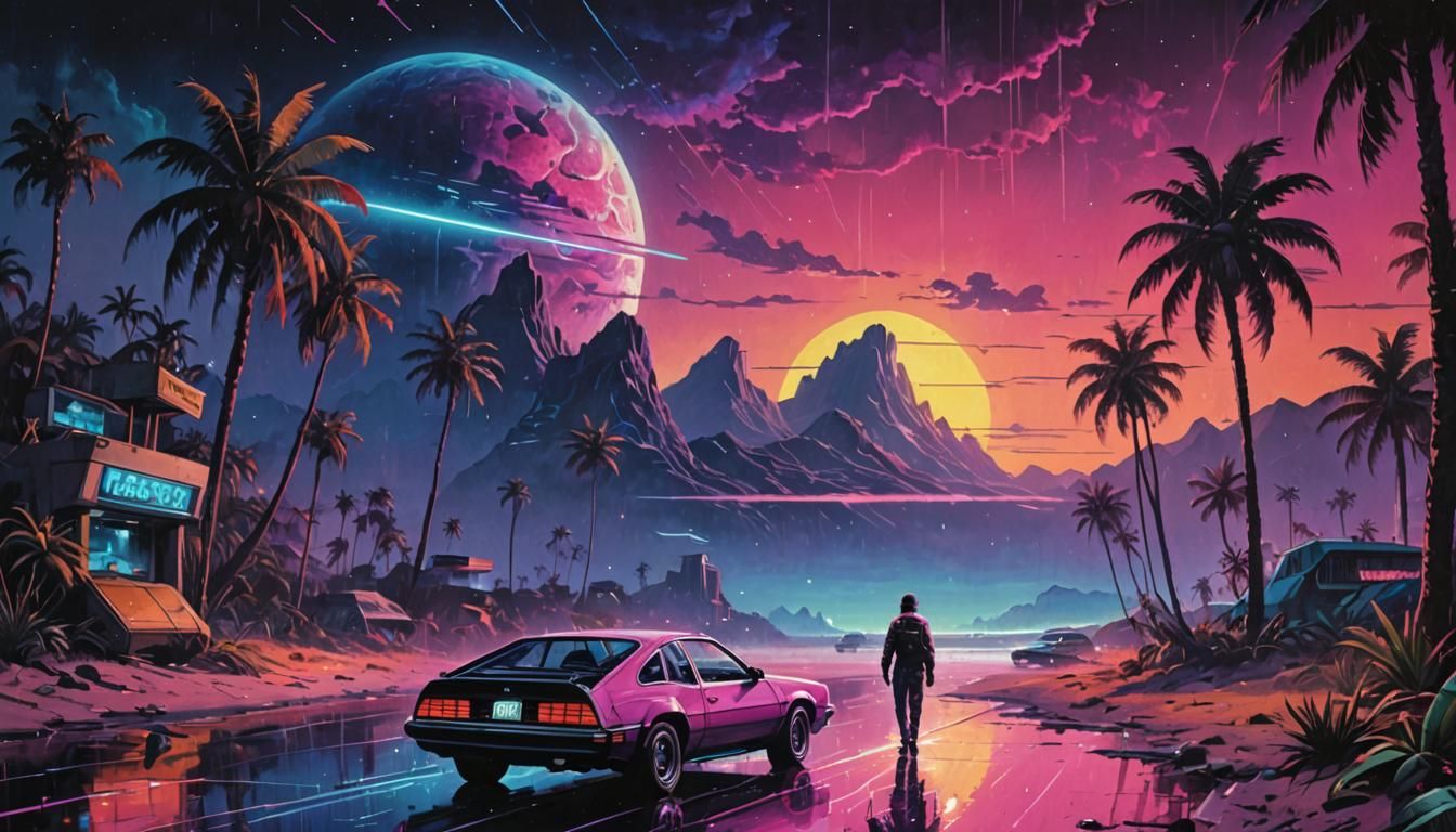 Retrowave Wallpaper in Oil Painting Style