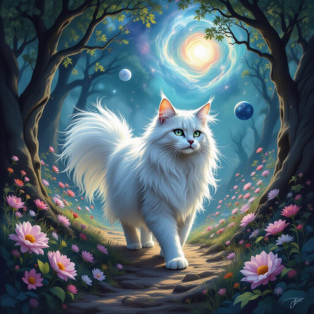 Ethereal Moonlight Cat in Cosmic Star Garden
