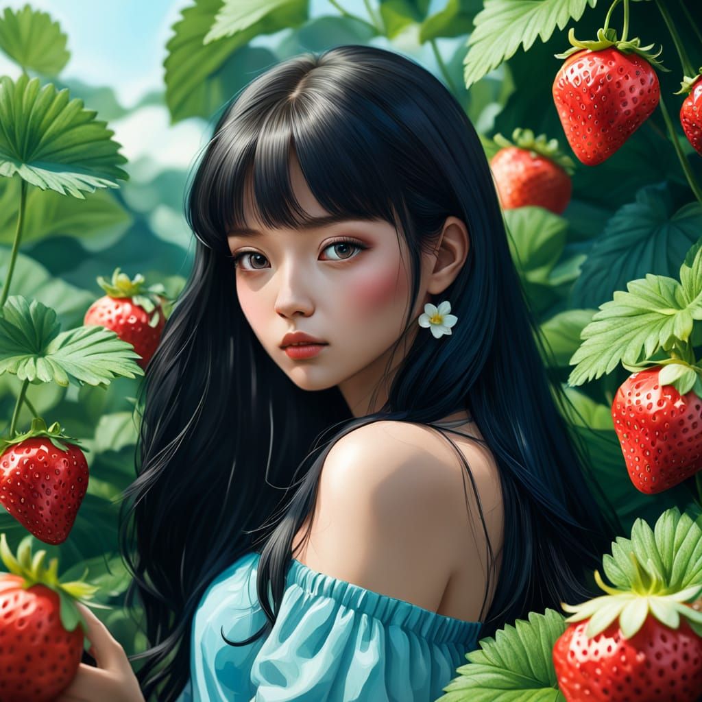 Girl on Strawberry in Hyper-Realistic Digital Art