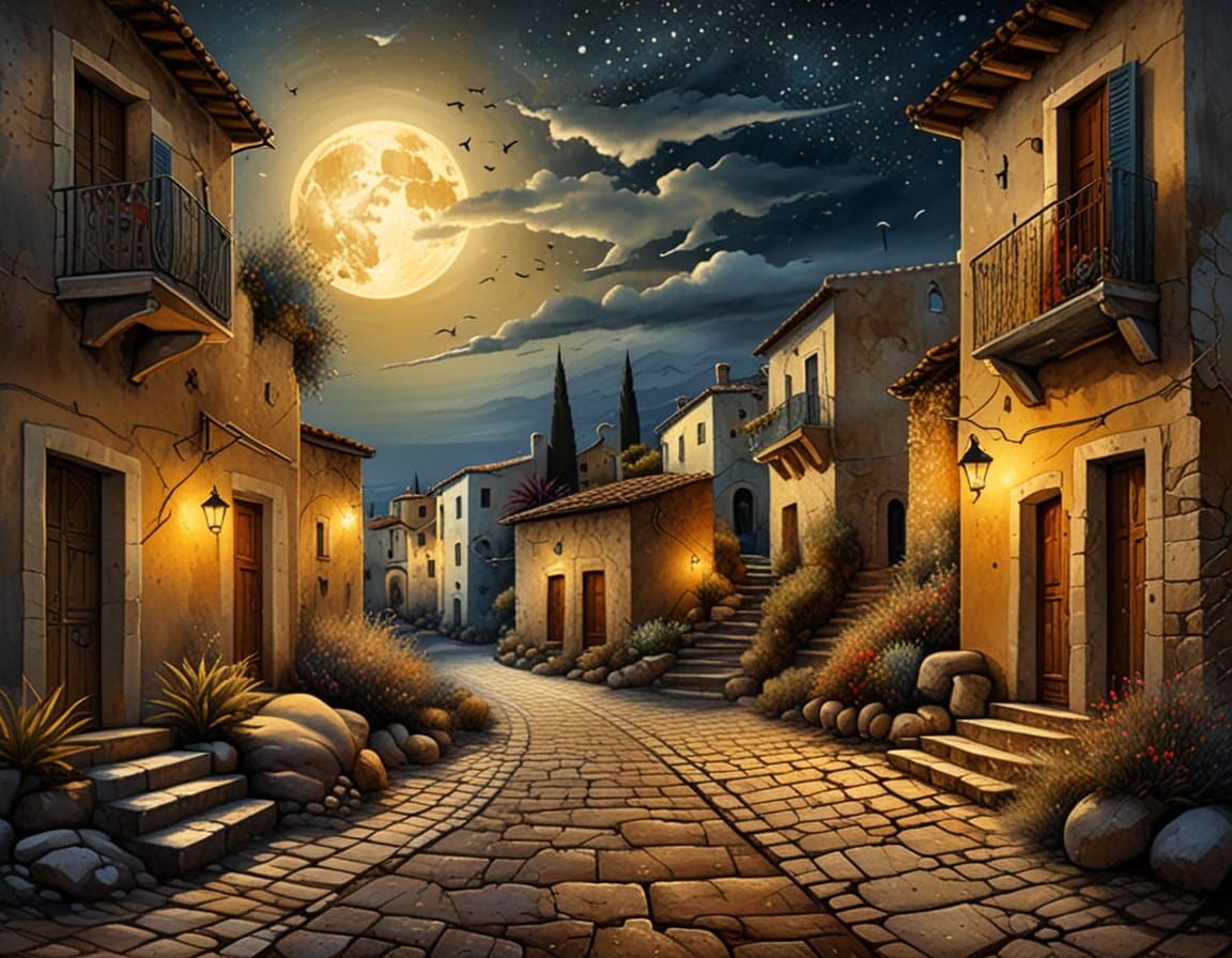 Rustic Mediterranean Street Under Starry Skies