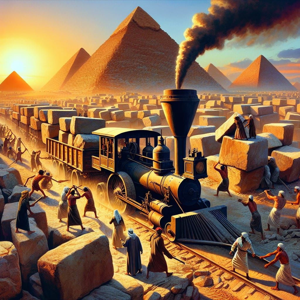 Pyramid Construction with Steam Engine, Egyptian Desert