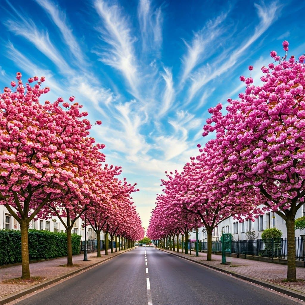 Bonn Street with Pink Cherry Blossoms in Bloom