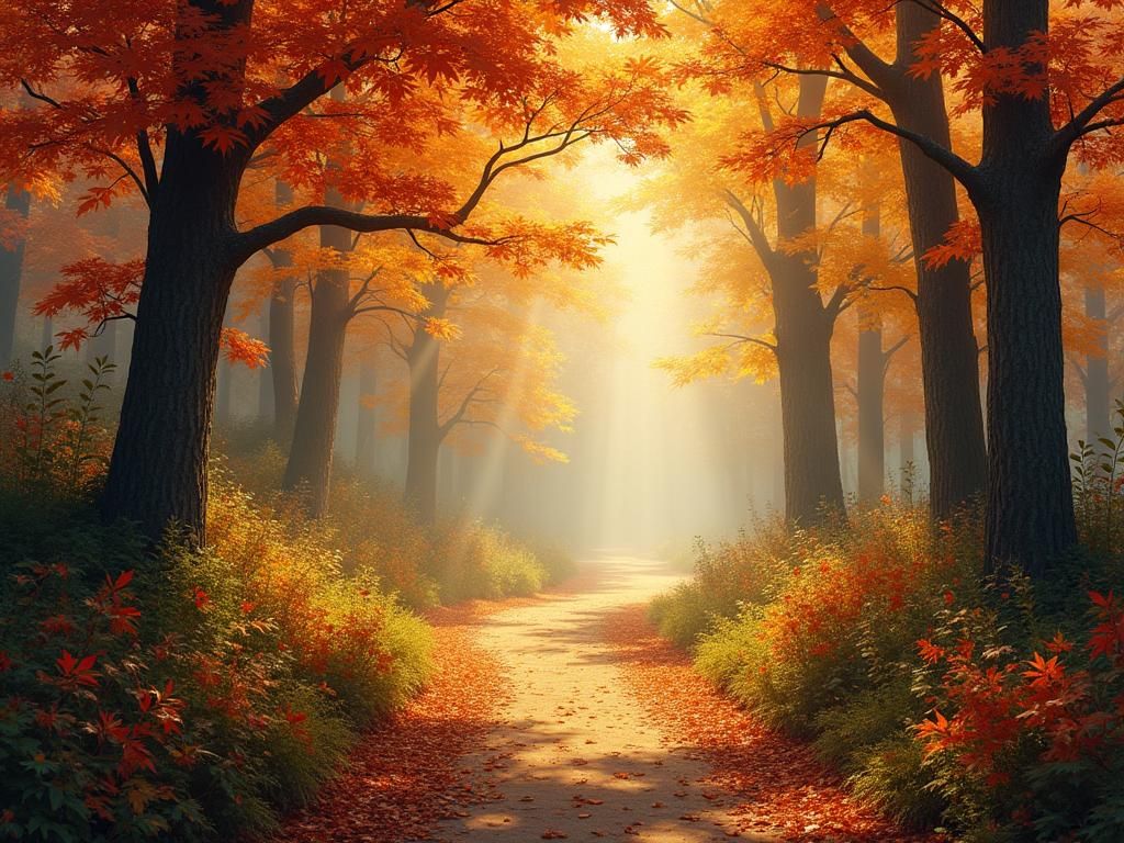 Warm Autumn Scene with God Rays and Vibrant Trees