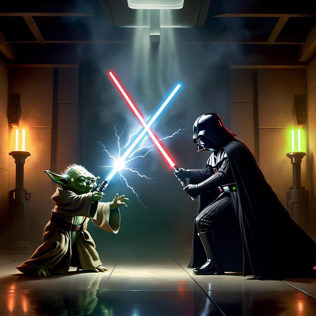 Jedi Master Yoda versus Darth Vader in a light saber fight, as Yoda uses Force Lightning against Vader