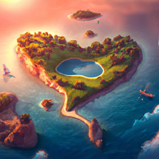Heart-Shaped Island at Sunset: Oil Painting