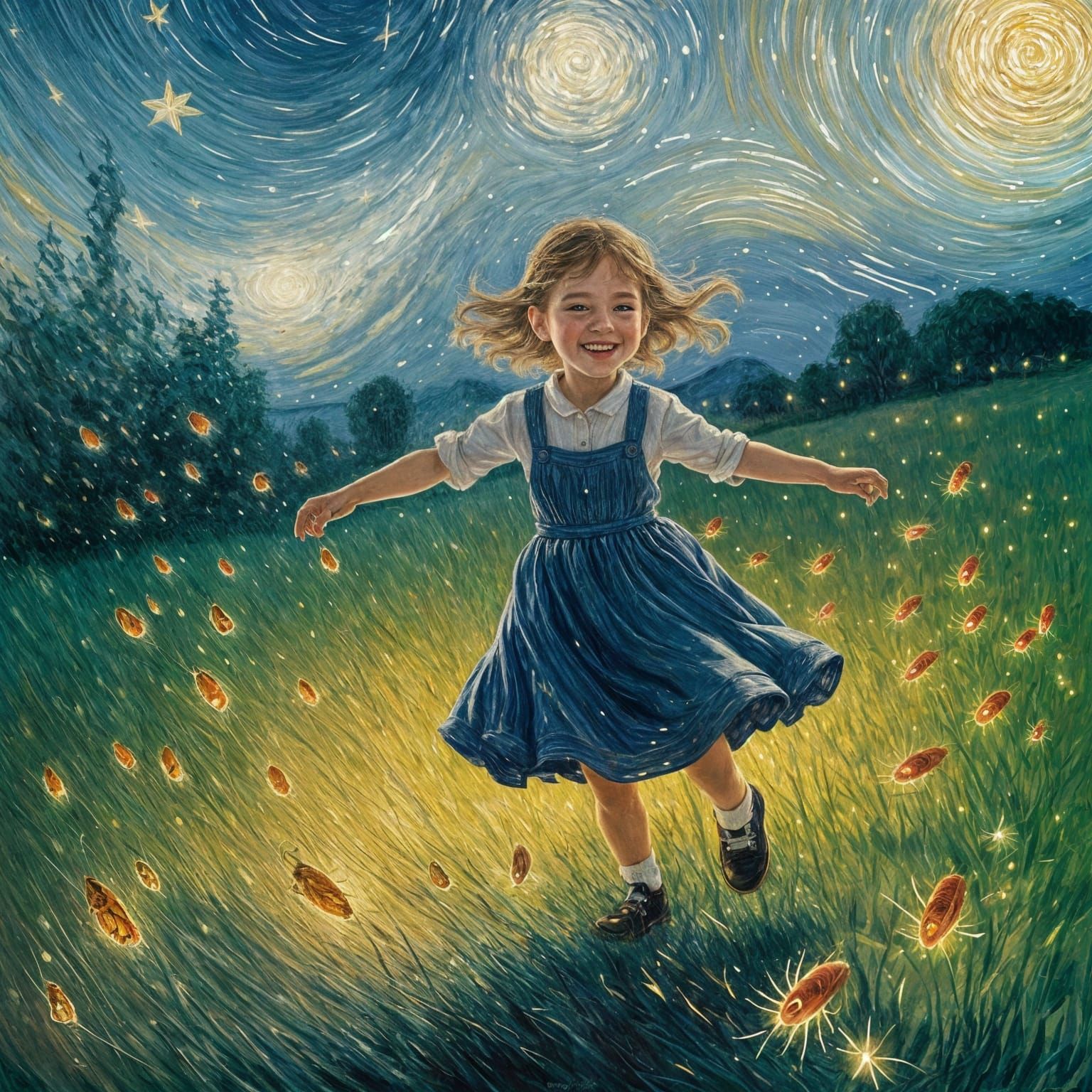Girl Dancing with Fireflies under Starry Sky as Impressionis...