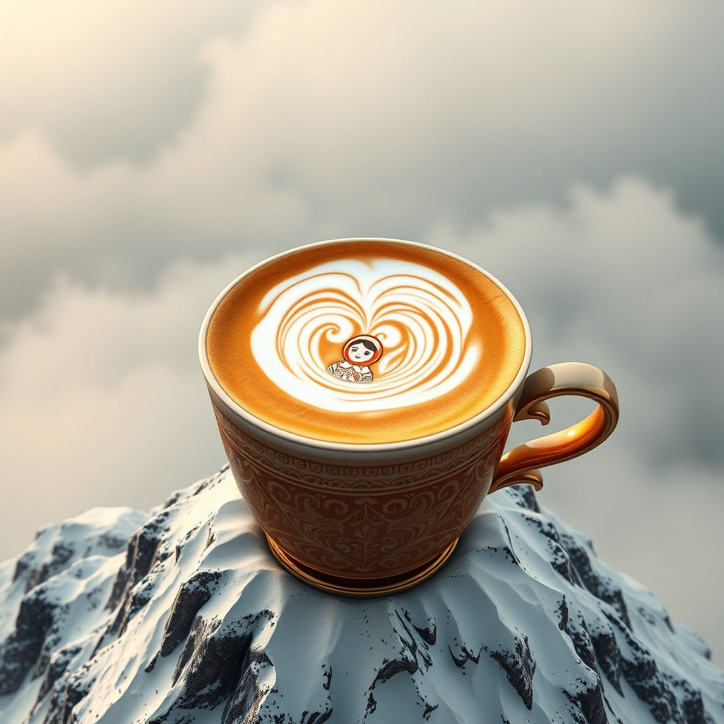Gigantic Latte Cup Atop Misty Mountain Peak