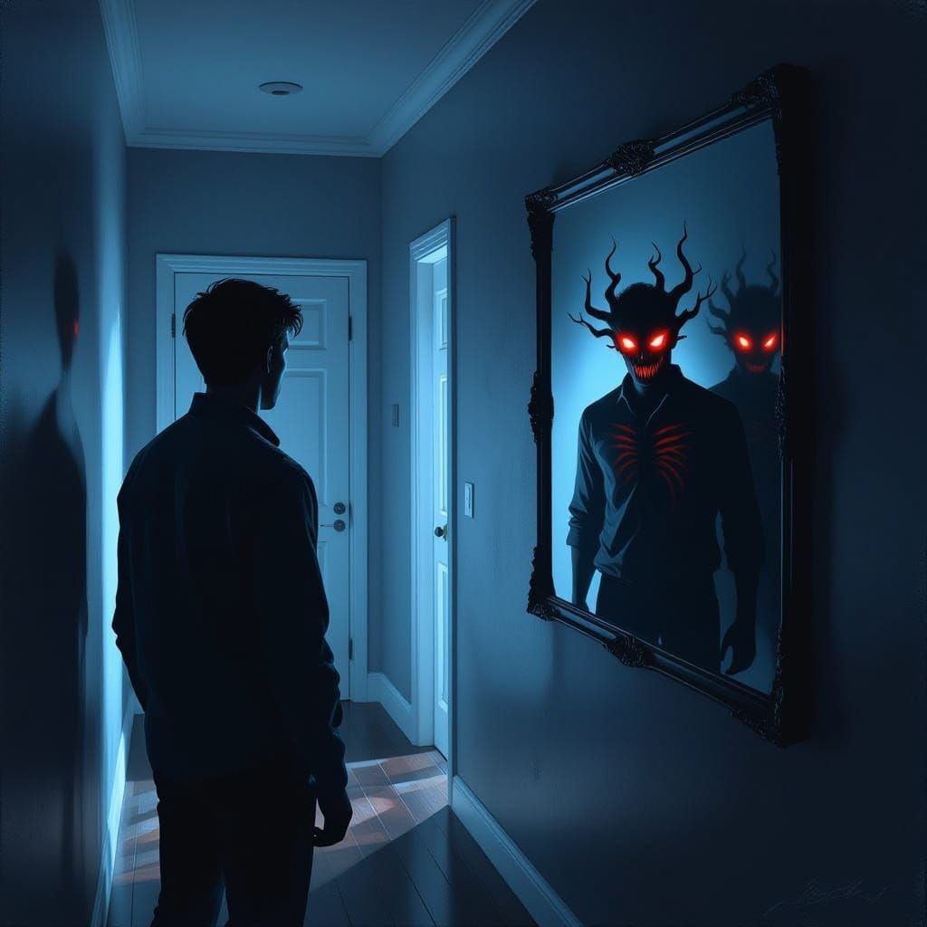 Man Sees Menacing Shadow With Red Eyes in Mirror