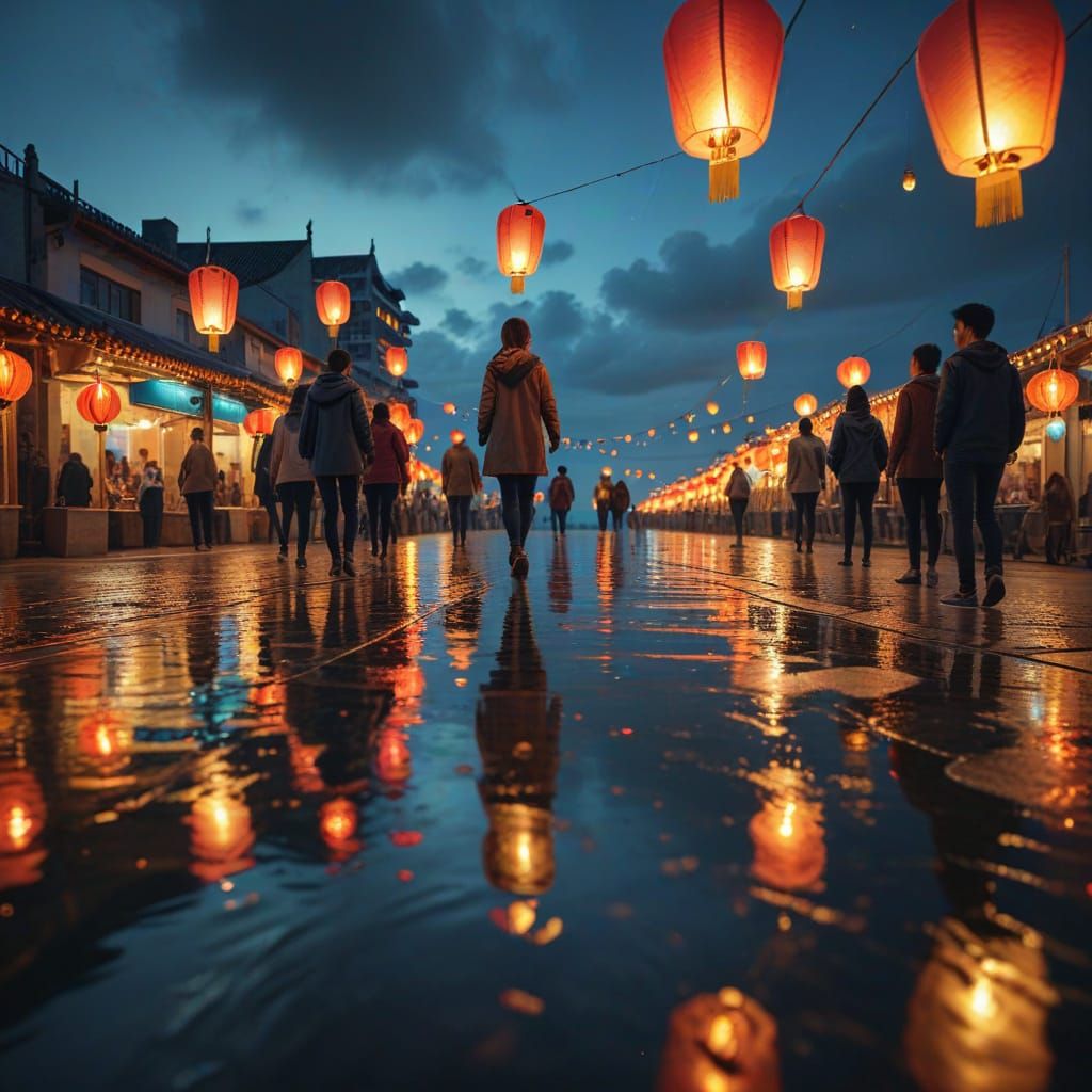 Chinese Lanterns Glow Over Seafront