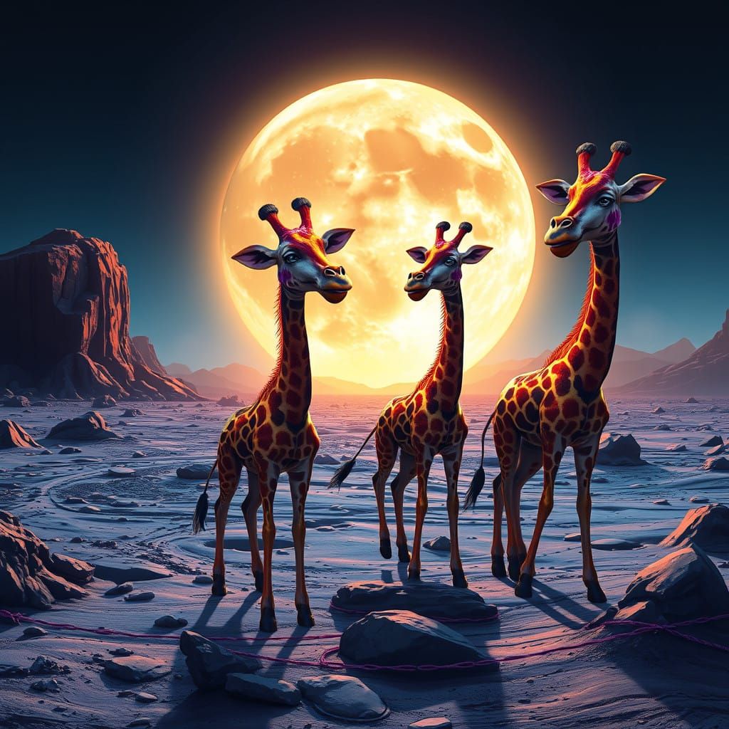 Whimsical Lunar Giraffes in Vibrant, Fantastical World