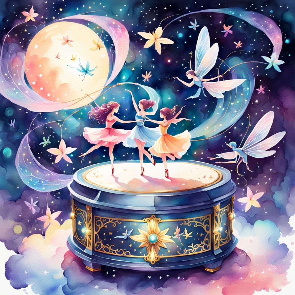 Mystical Music Box Dancers in Watercolor Style