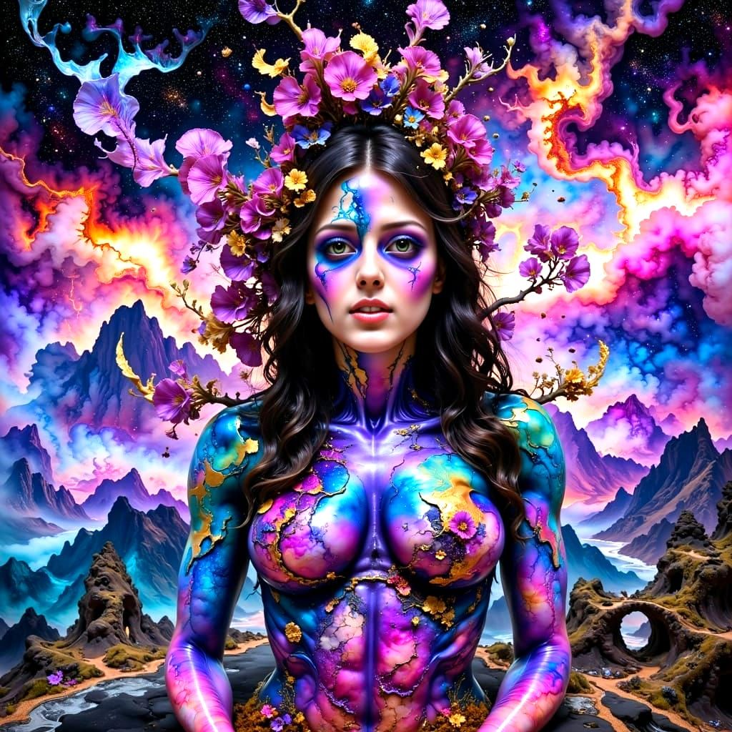 Surrealistic Klimt-Inspired Woman Amidst Lavender Landscape