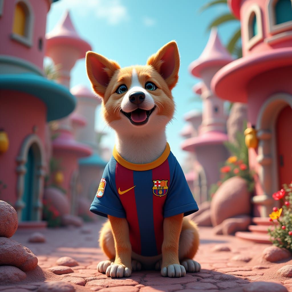 Dog in Barcelona Jersey, Dreamlike Matte Painting