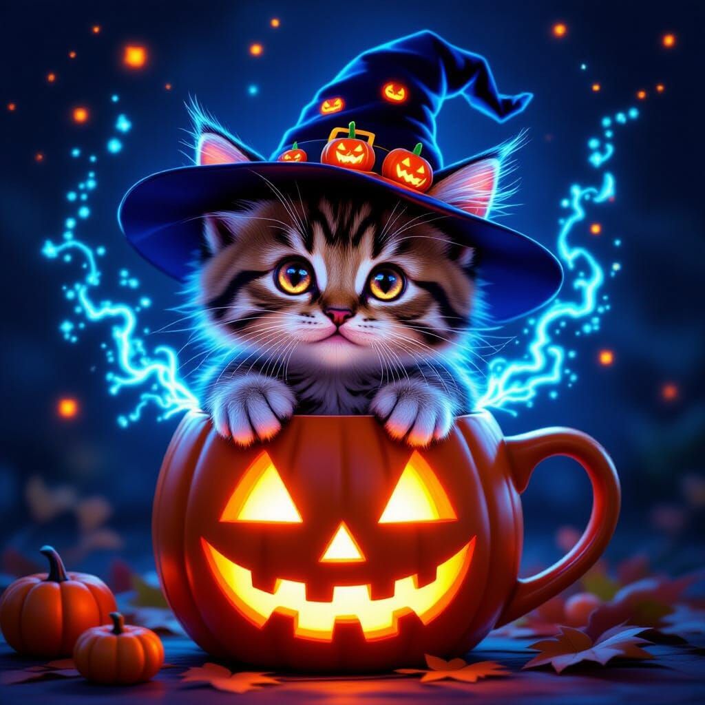 Cute Fluffy Kitten in Neon Halloween Mug