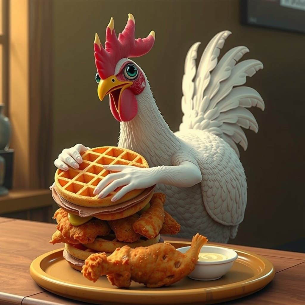 Anthropomorphic Chicken Savoring Fried Chicken Waffle Sandwi...