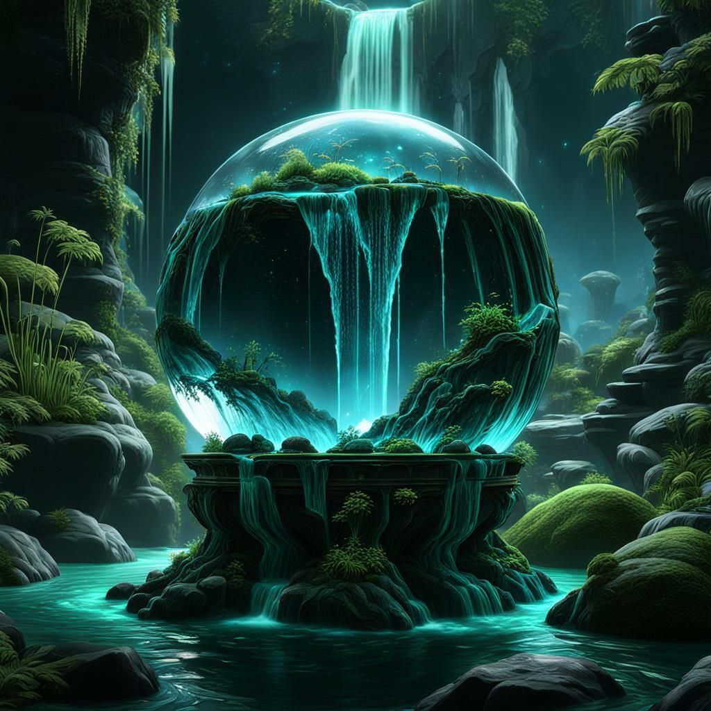 Bioluminescent Waterfall in Crystal Ball: Fantasy Concept Ar...