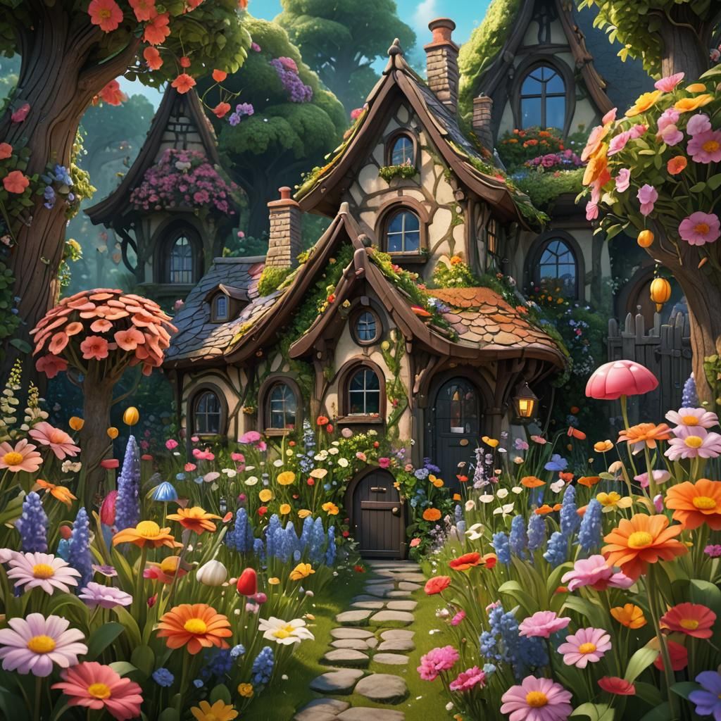 Enchanting Cottagecore Garden Scene in Detailed Digital Art