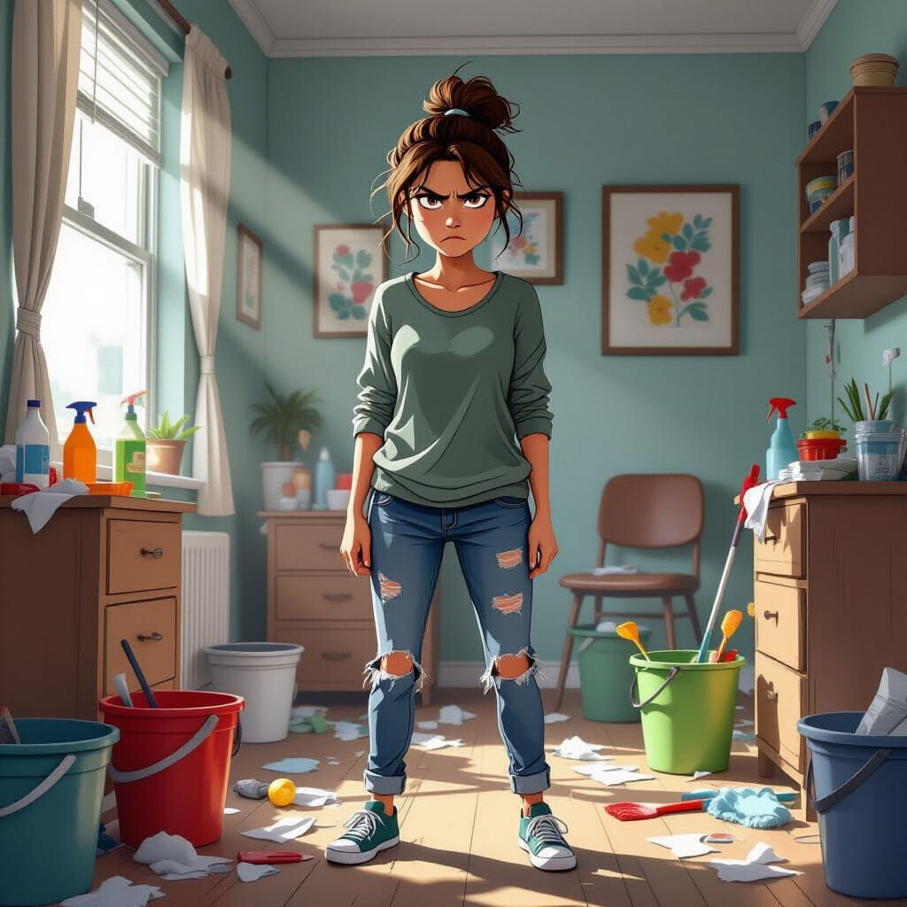 Frustrated Person in Messy Room, Noir Style