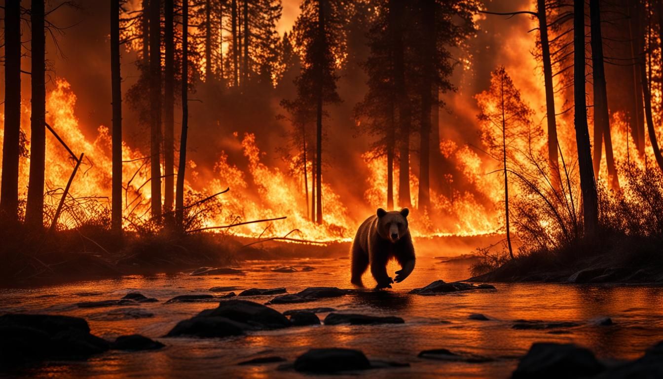 Bear Escapes Forest Fire in Dramatic Silhouette