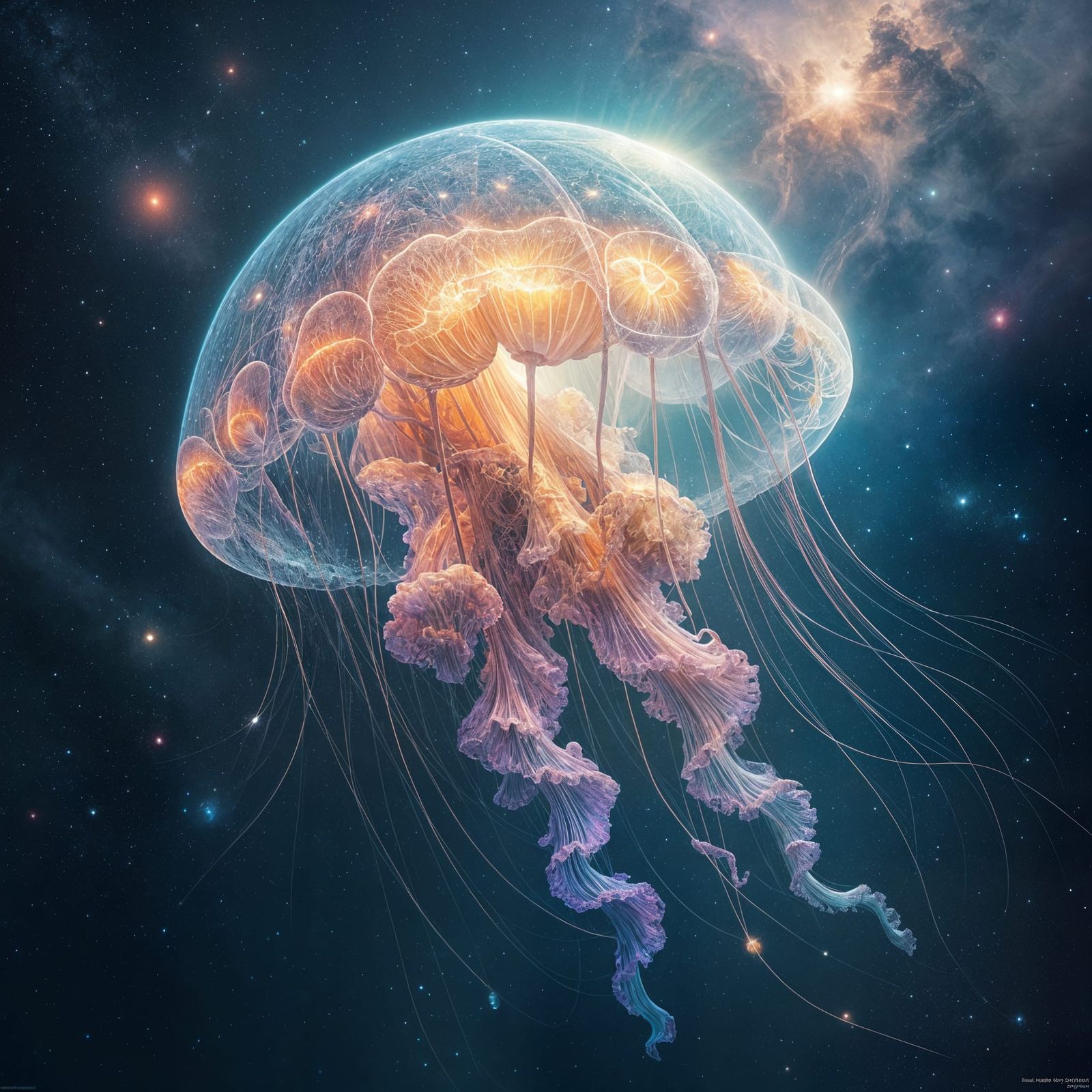 Bioluminescent Jellyfish Drifting Through Cosmos in Matte Pa...