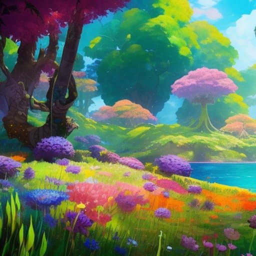 Turtle Island with Wildflowers in Surreal Anime Style