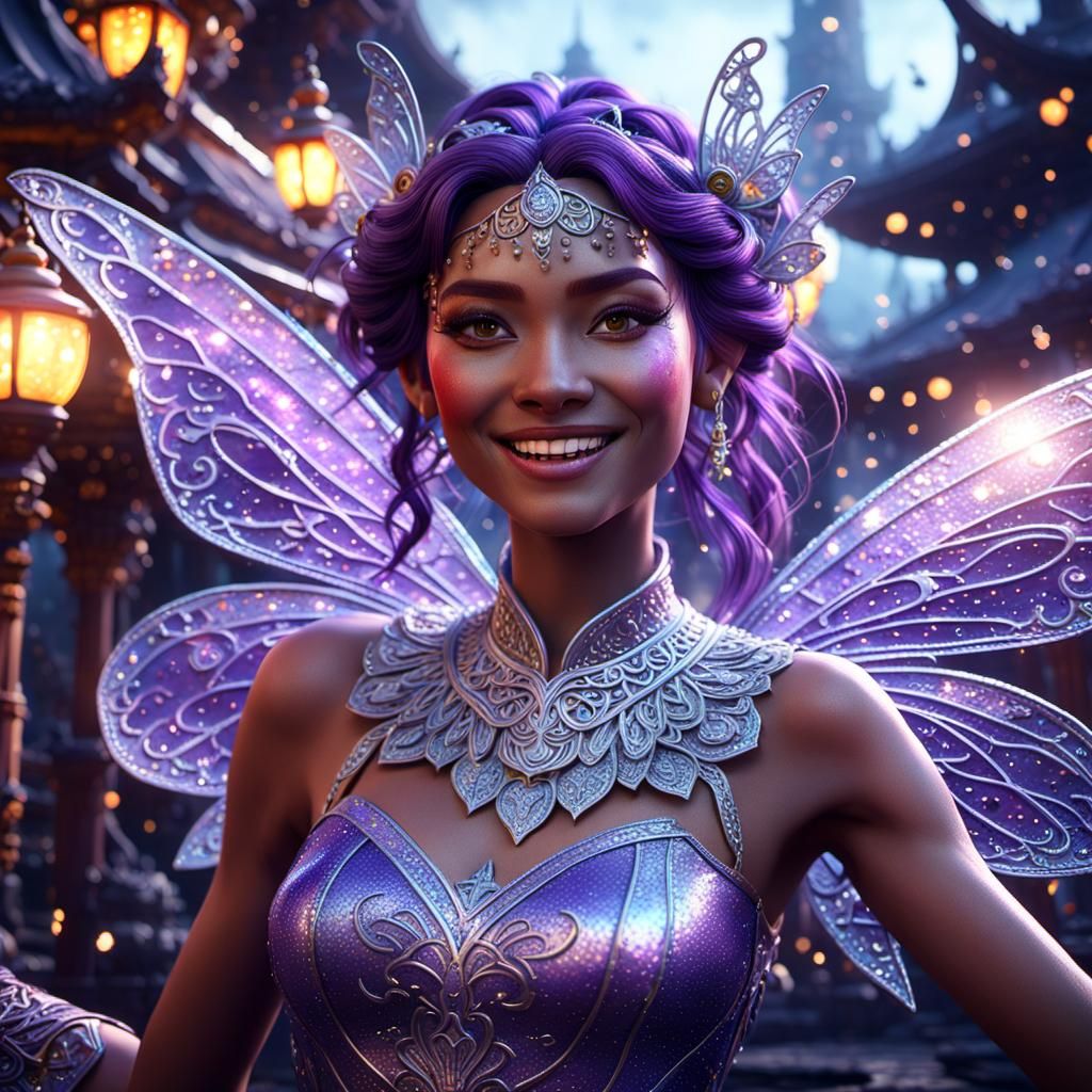 Beautiful fantasy world oriental and glimmering shimmering silver fairy dust sparkles smiling