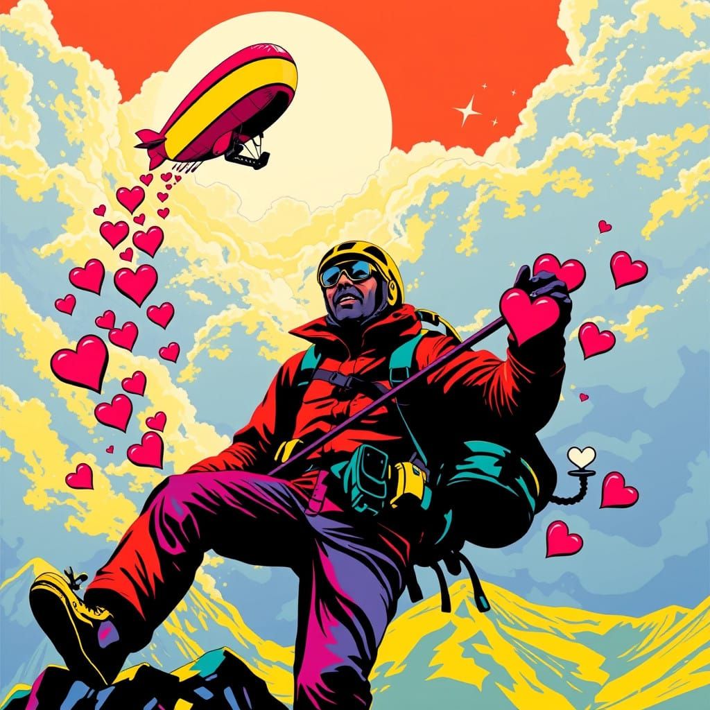 POP Art Zeppelin Dances Above Mountaineer in Vibrant Sky