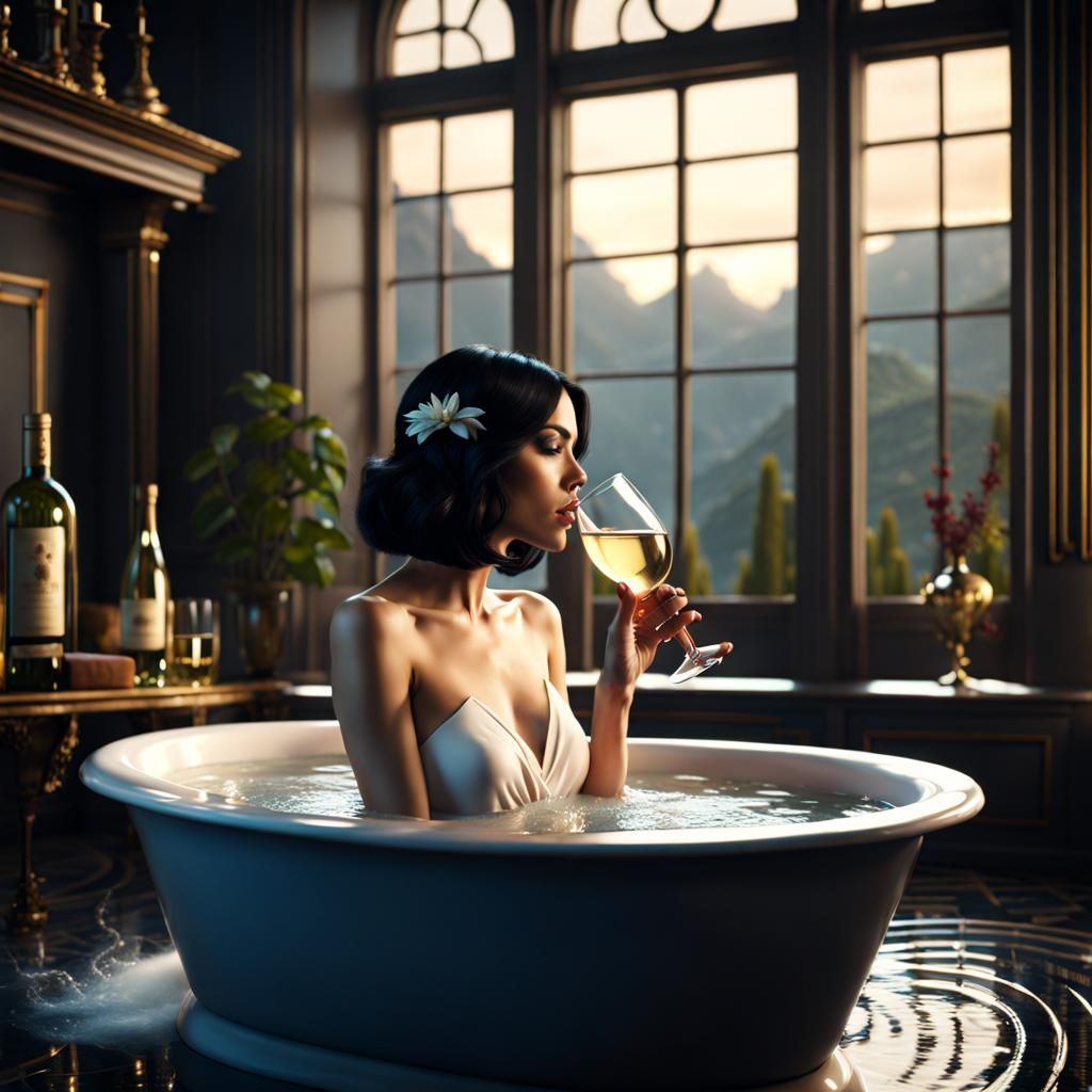 Woman Bathing: Detailed Matte Painting in Deep Color