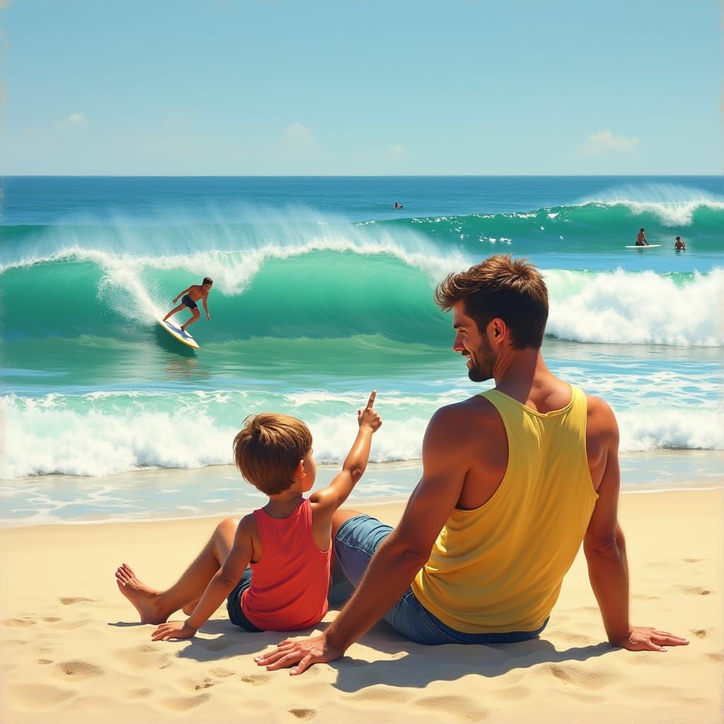 Father and Son Share Joyful Moment on Sun-Kissed Beach