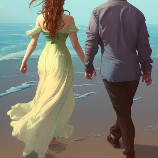 Beach Stroll Portrait in Detailed Digital Art Style
