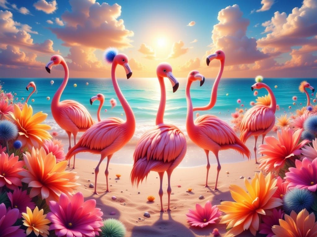Flamingos Frolic in Vivid Beach Scene