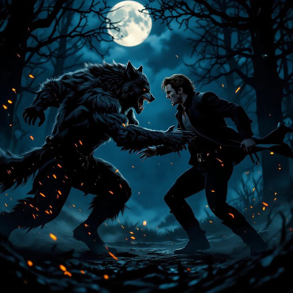 Werewolf Fights Vampire in Moonlit Forest Battle