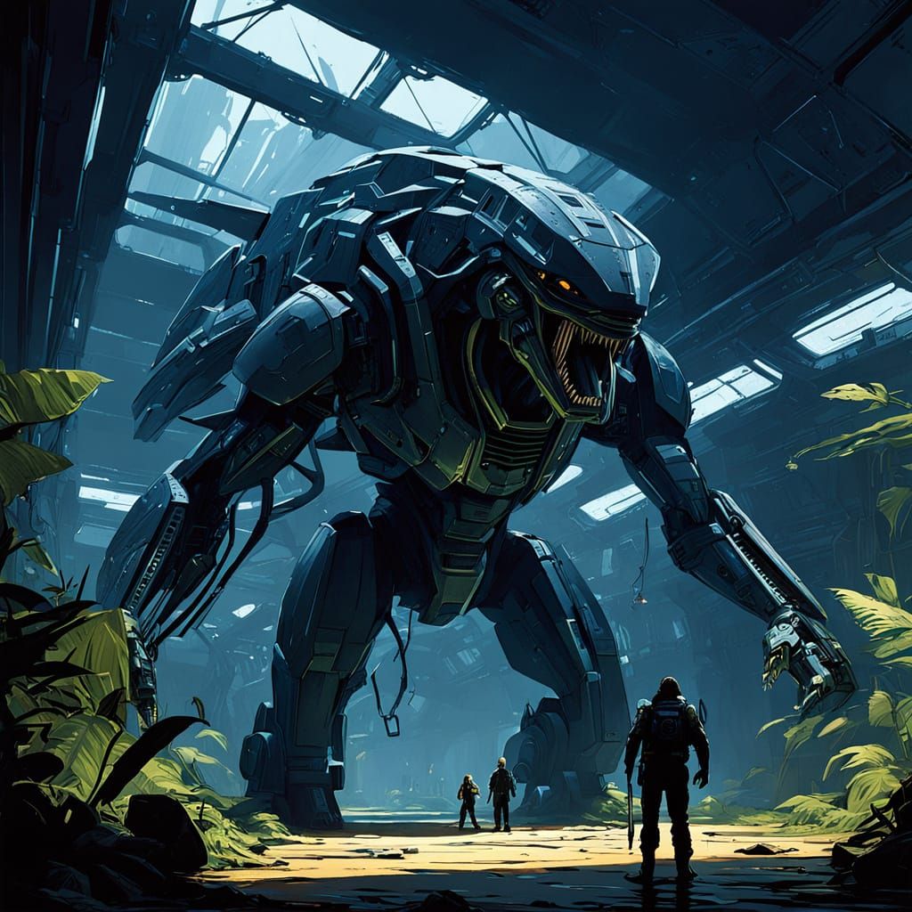 Cyberpunk-Style Alien vs Predator Showdown in Abandoned Indu...