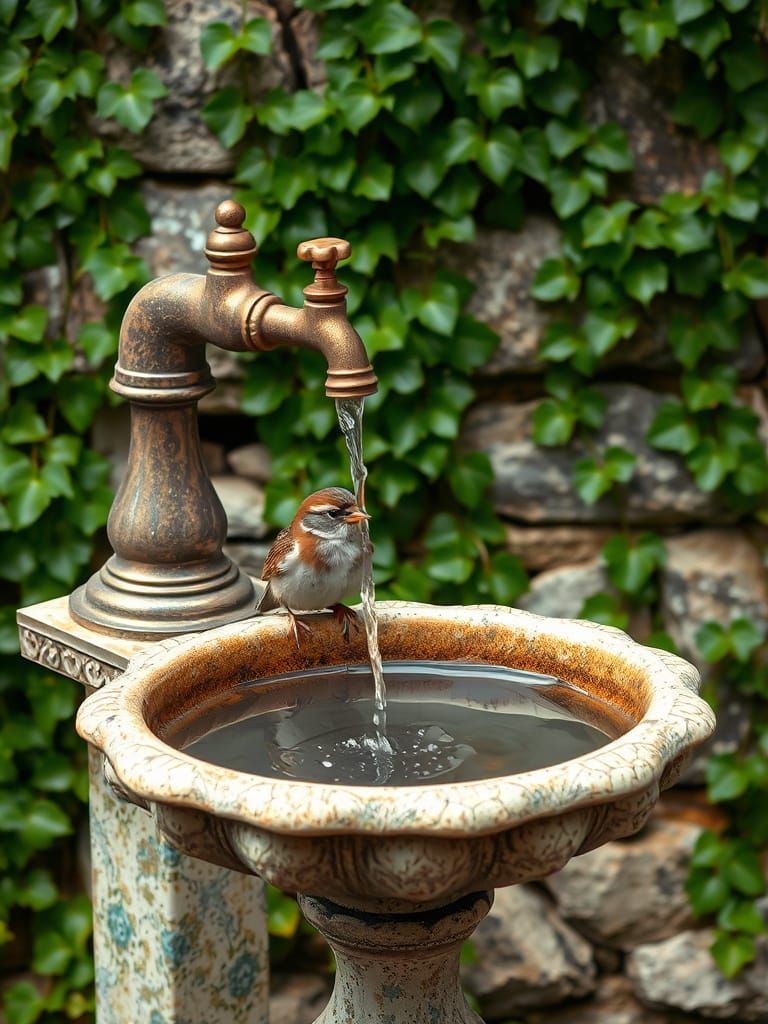 Sparrow Enjoying a Stone Bird Bath