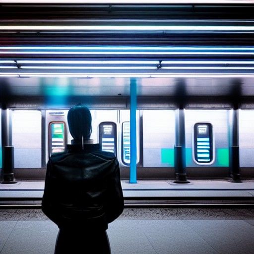 Cyberpunk Android Awaits Subway in Neon Underground