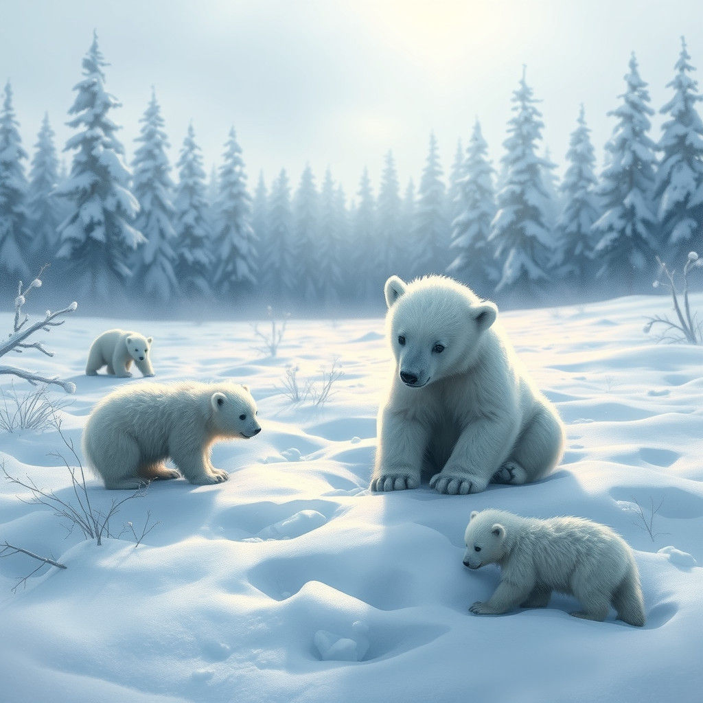Polar Bear Cub Receiving Help in Snowy Forest