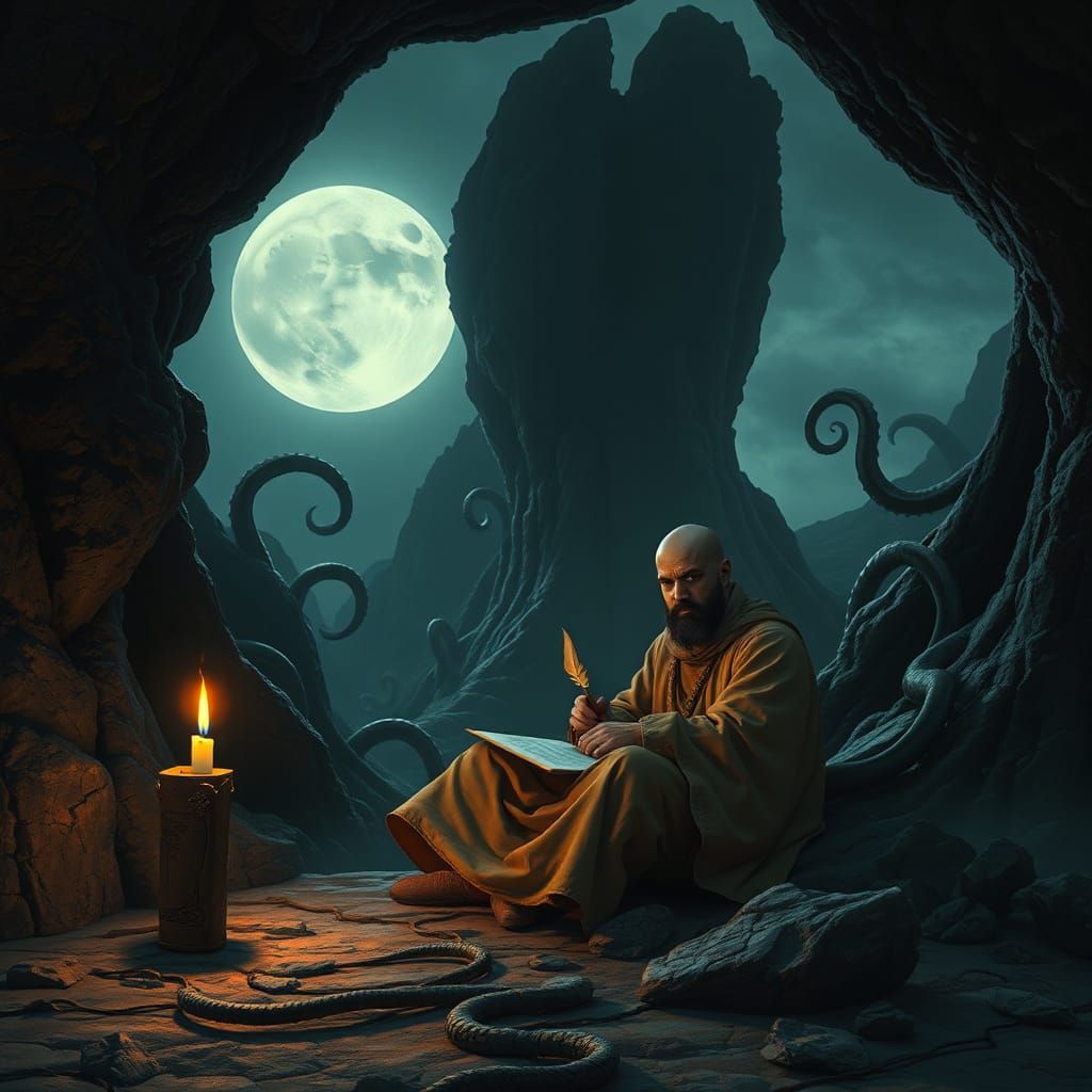 Alhazred Writing the Necronomicon in Gothic Horror Style