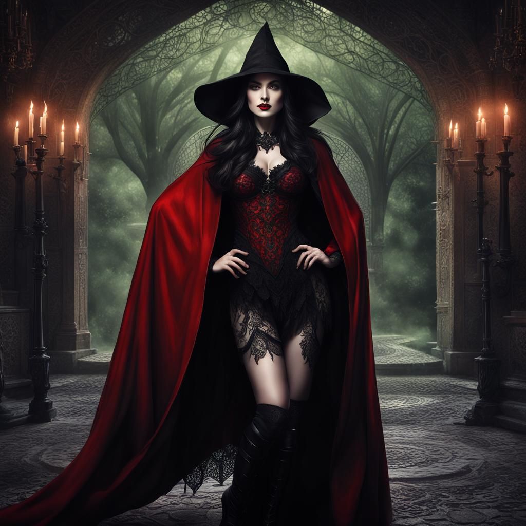 Voluptuous Witch in Scarlet Cloak: Hyperrealistic Image
